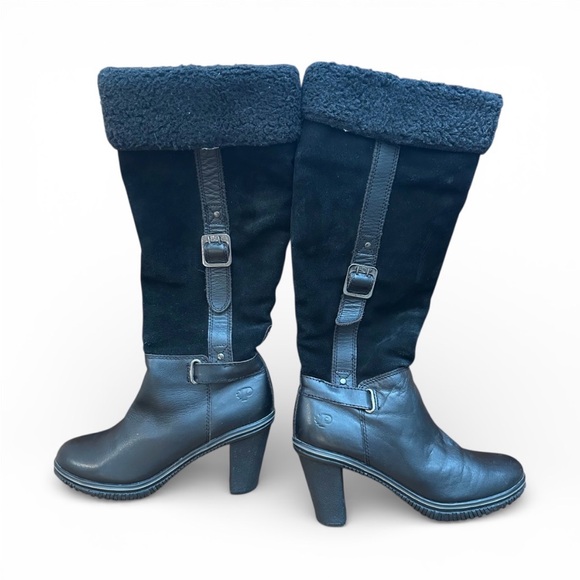 Pajar knee-high boot black leather and suede Sherpa cuff, leather strap detail - Picture 5 of 9